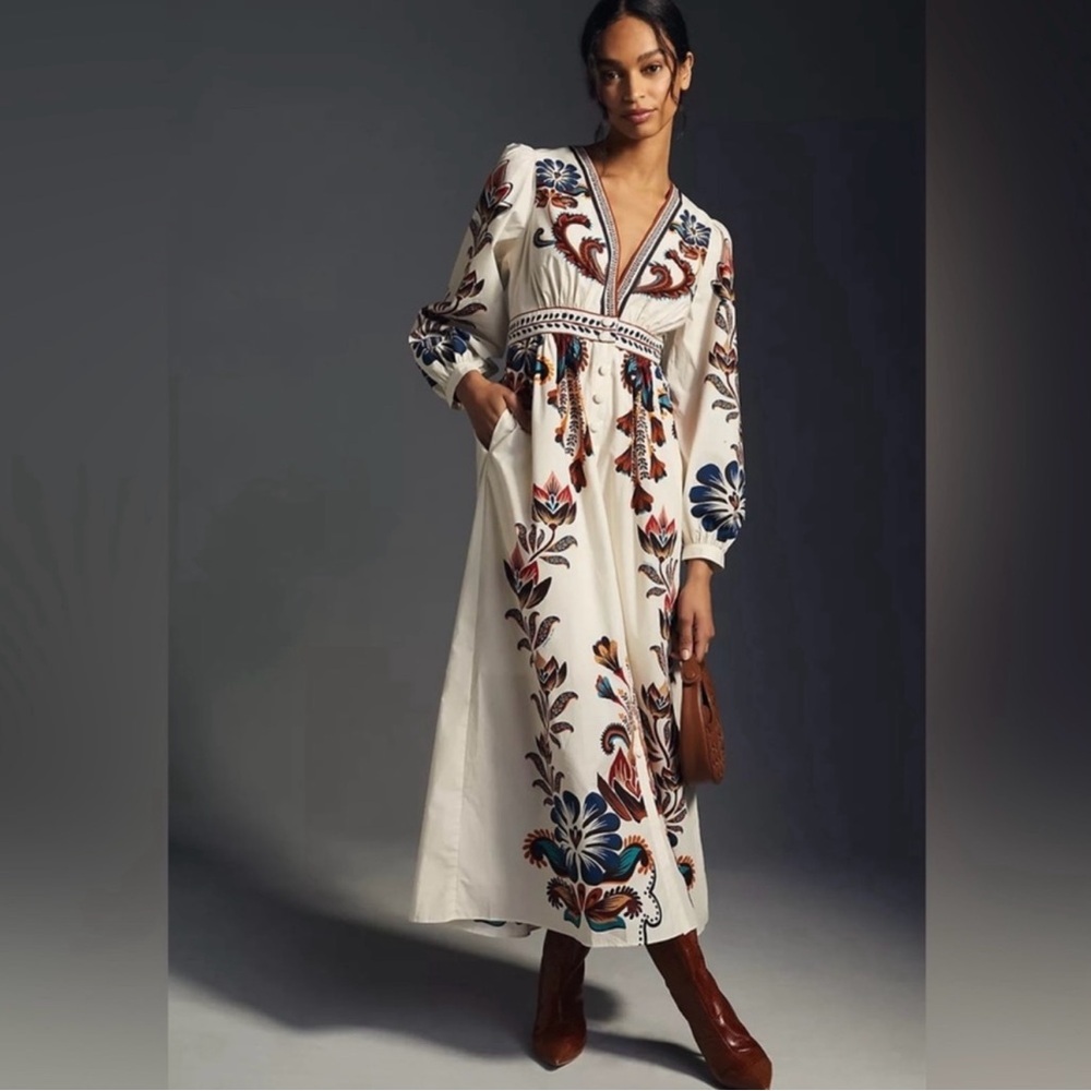 FARM Rio White Midi Dress with Blue and Red Floral Design NWOT